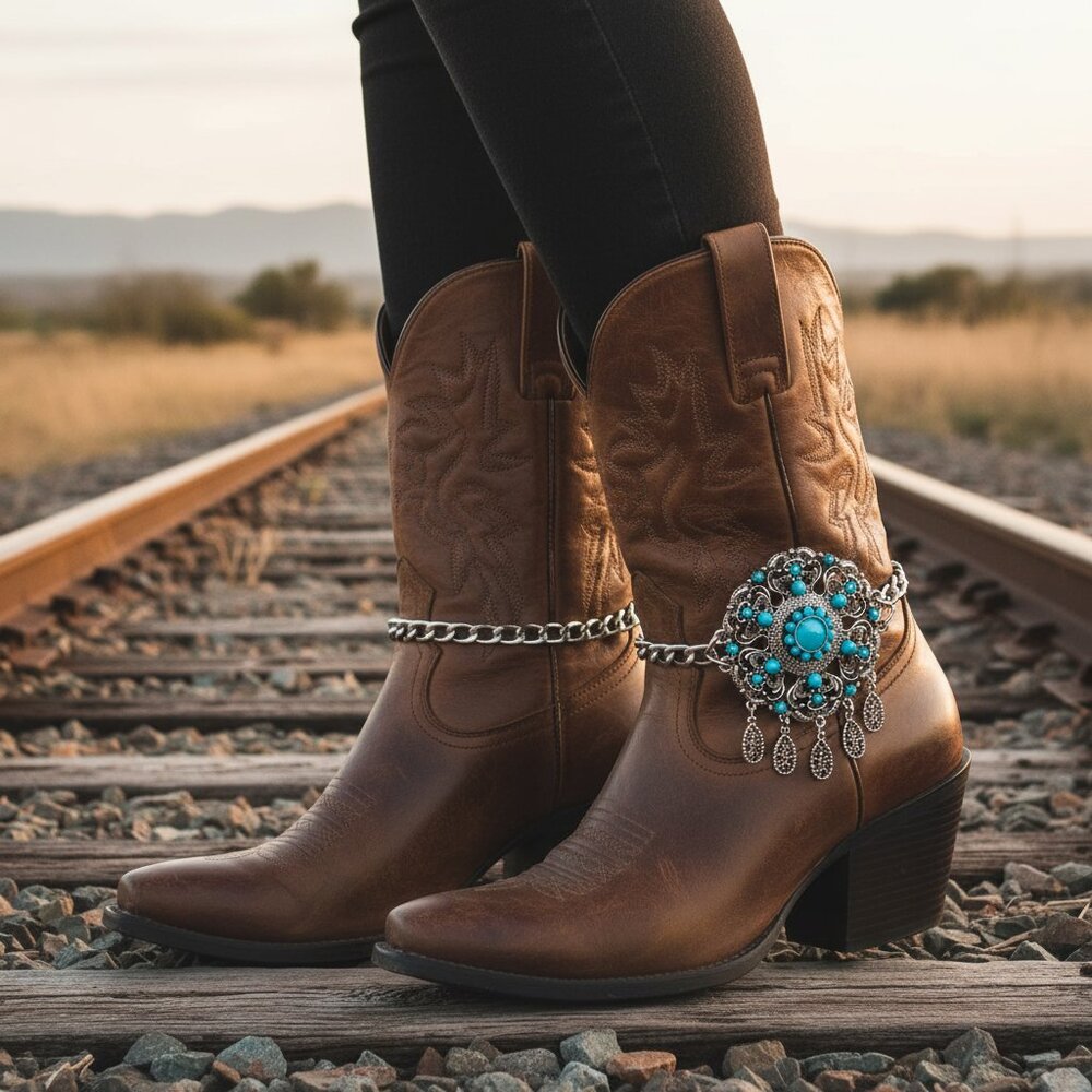 NEW Women 2PCS Silver Metal Boot Chain Shoe Anklet Turquoise Flower Ethnic Charm